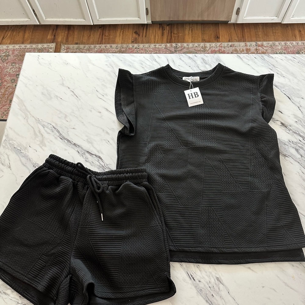 Women's Black Textured Tee and Shorts Set
